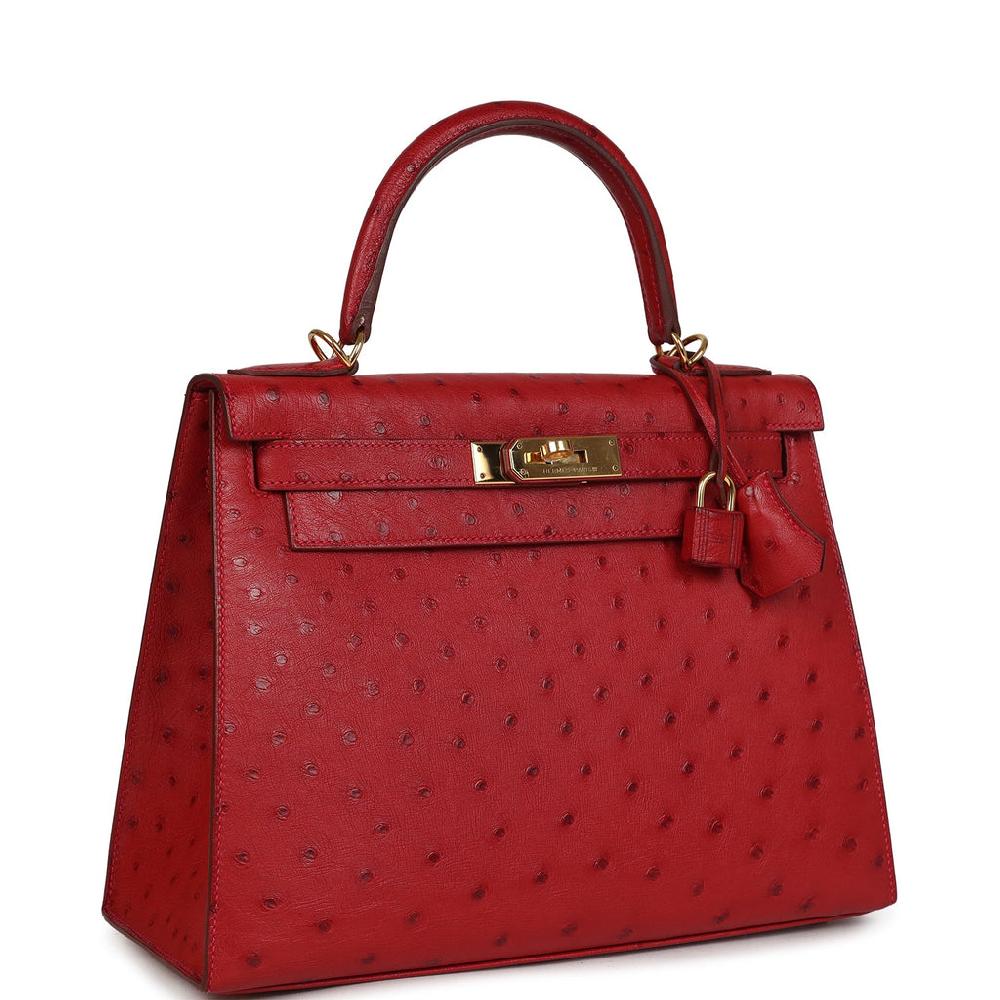 Pre-owned Hermes Kelly Sellier 28 Rouge Vif Ostrich Gold Hardware