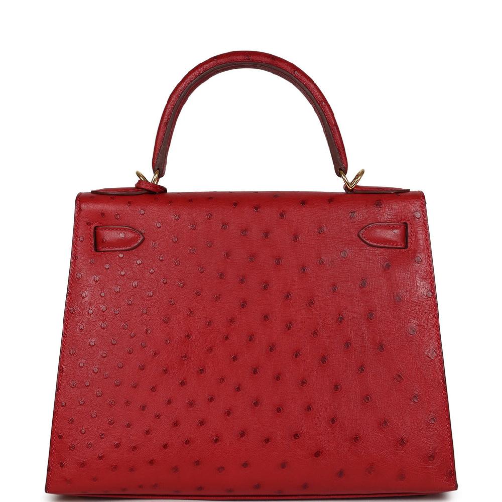 Pre-owned Hermes Kelly Sellier 28 Rouge Vif Ostrich Gold Hardware