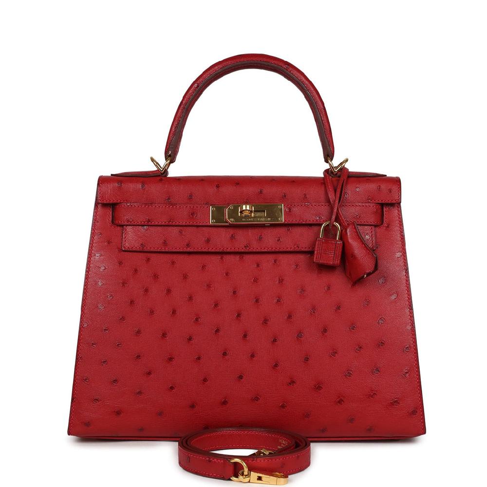 Pre-owned Hermes Kelly Sellier 28 Rouge Vif Ostrich Gold Hardware