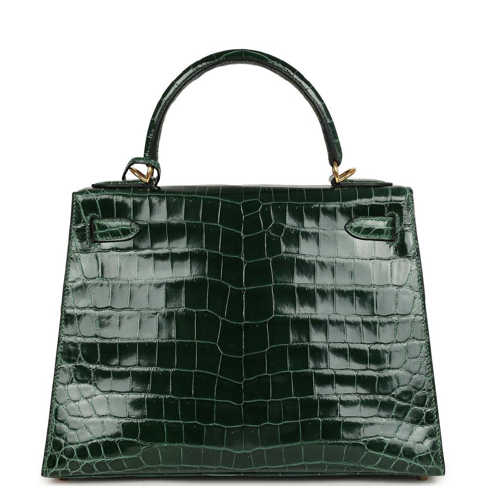 Pre-owned Hermes Kelly Sellier 28 Vert Fonce Shiny Niloticus Crocodile Gold Hardware