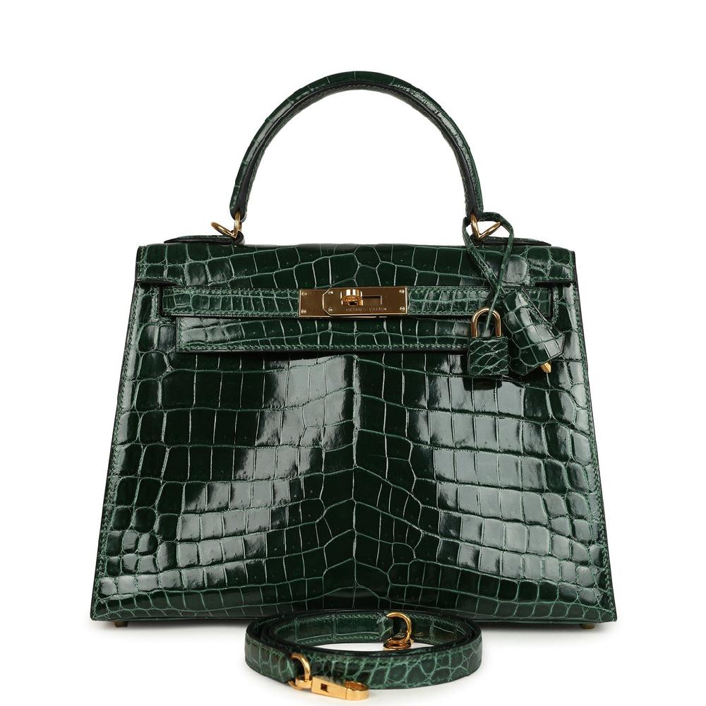 Pre-owned Hermes Kelly Sellier 28 Vert Fonce Shiny Niloticus Crocodile Gold Hardware