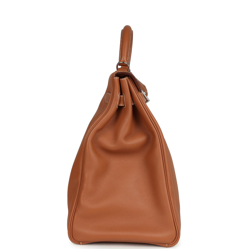 Pre-owned Hermes Kelly Voyage 50 Gold Evercolor Palladium Hardware