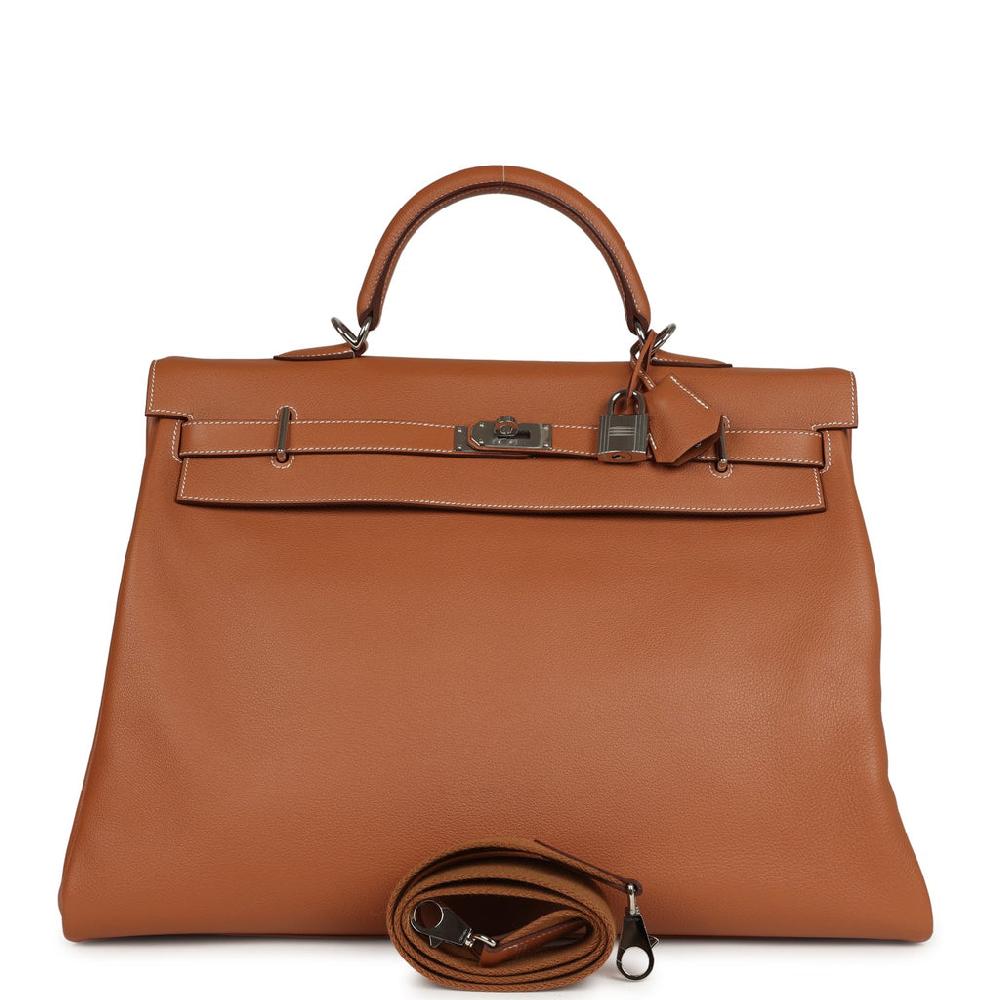 Pre-owned Hermes Kelly Voyage 50 Gold Evercolor Palladium Hardware