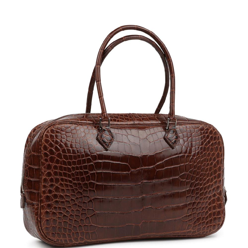 Pre-owned Hermes Plume Elan 28 Miel Shiny Alligator Palladium Hardware