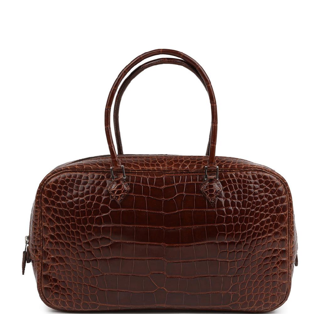 Pre-owned Hermes Plume Elan 28 Miel Shiny Alligator Palladium Hardware