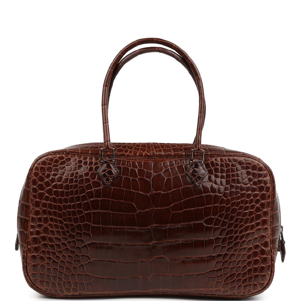 Pre-owned Hermes Plume Elan 28 Miel Shiny Alligator Palladium Hardware