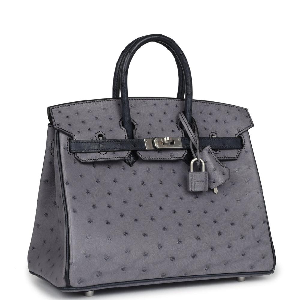 Pre-owned Hermes Special Order (HSS) Birkin 25 Gris Agate And Bleu Indigo Ostrich Brushed Palladium Hardware
