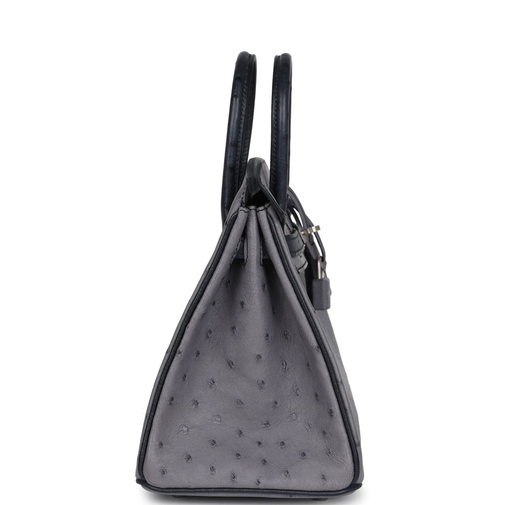 Pre-owned Hermes Special Order (HSS) Birkin 25 Gris Agate And Bleu Indigo Ostrich Brushed Palladium Hardware