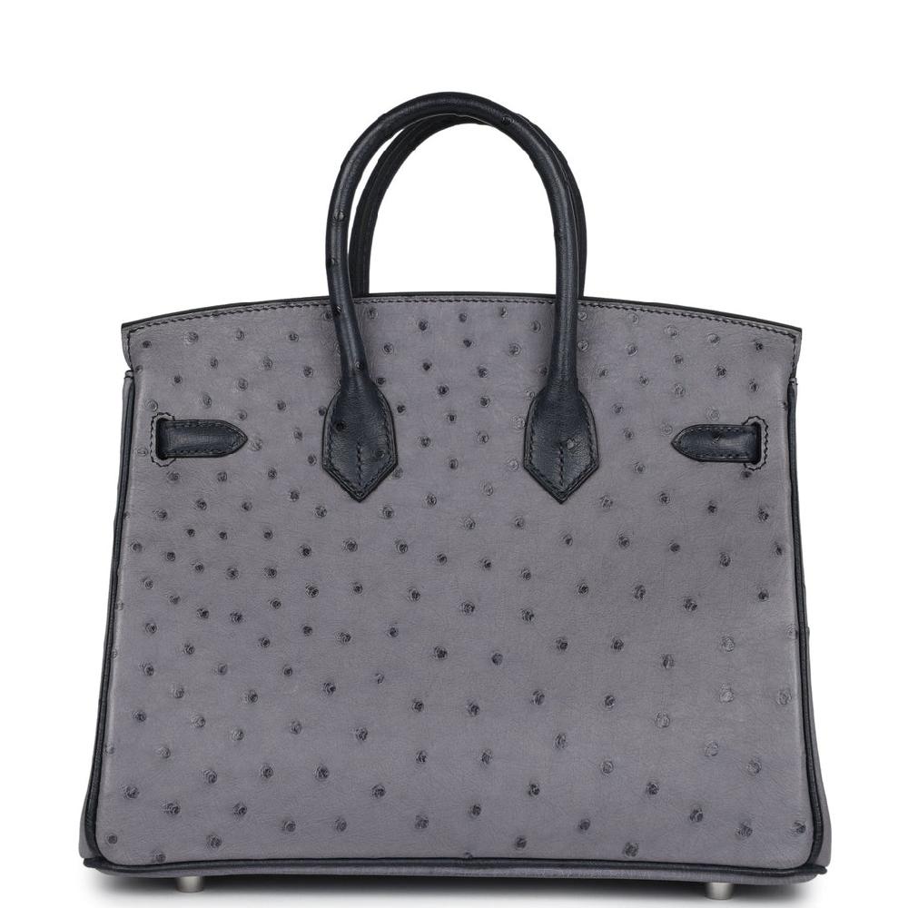 Pre-owned Hermes Special Order (HSS) Birkin 25 Gris Agate And Bleu Indigo Ostrich Brushed Palladium Hardware