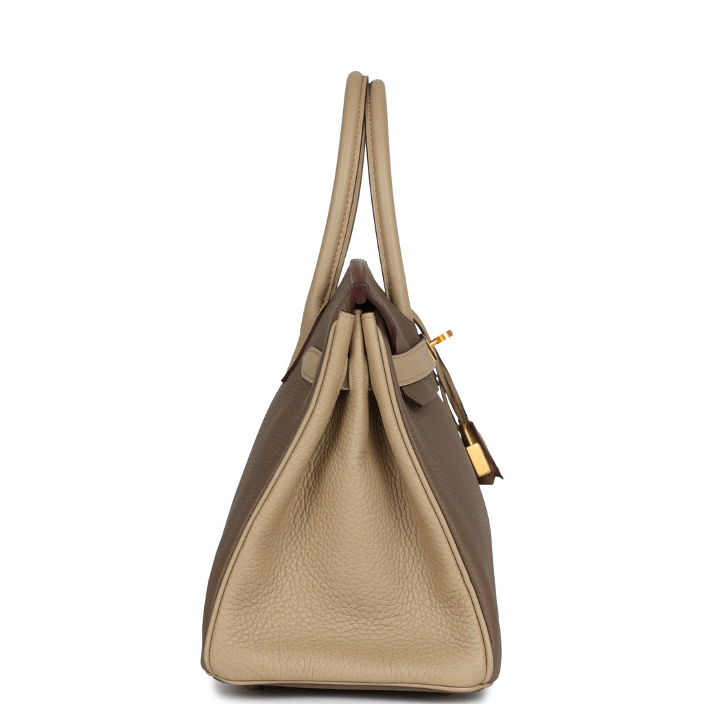 Pre-owned Hermes Special Order (HSS) Birkin 30 Bi-Color Gris Tourterelle And Etoupe Clemence Brushed Gold Hardware