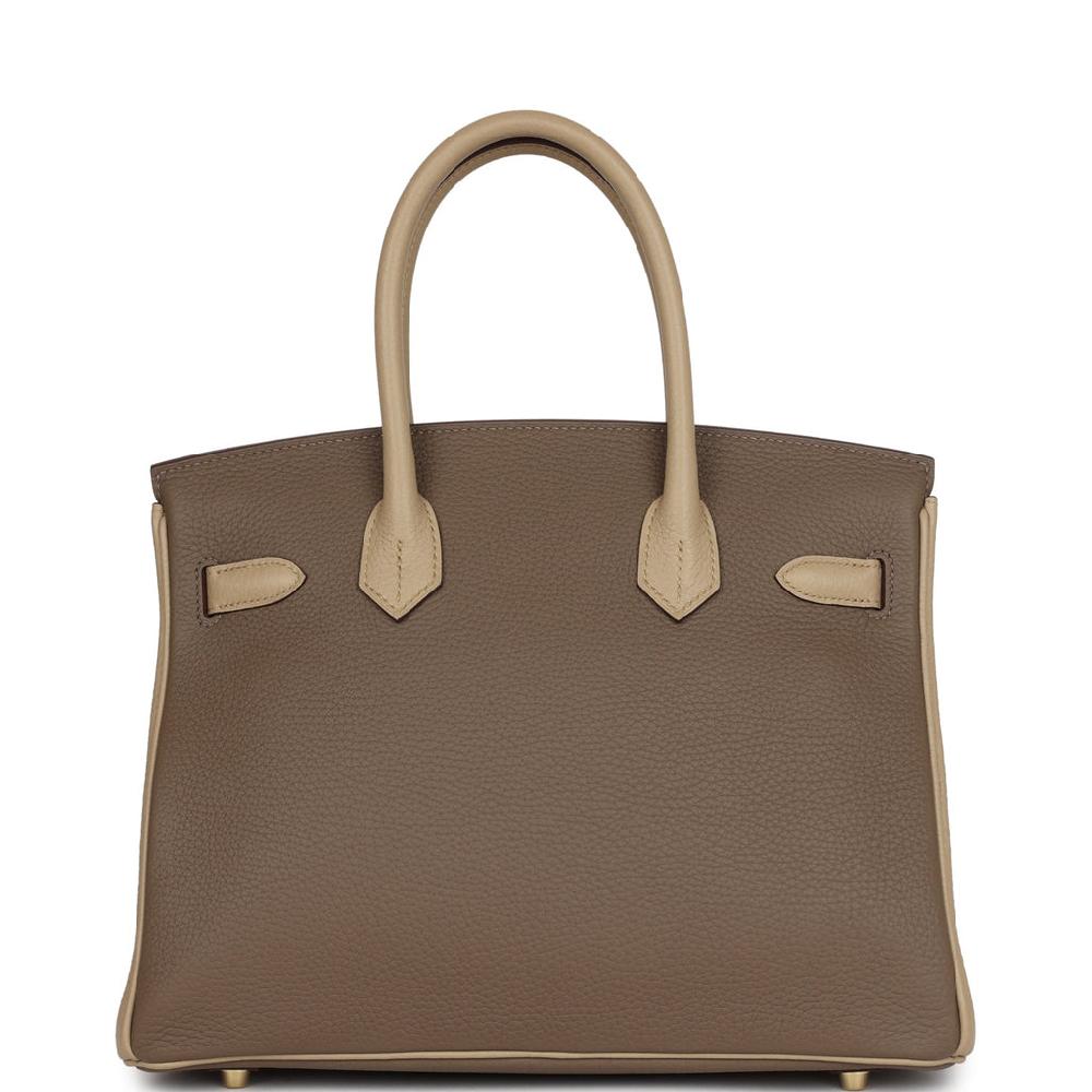 Pre-owned Hermes Special Order (HSS) Birkin 30 Bi-Color Gris Tourterelle And Etoupe Clemence Brushed Gold Hardware