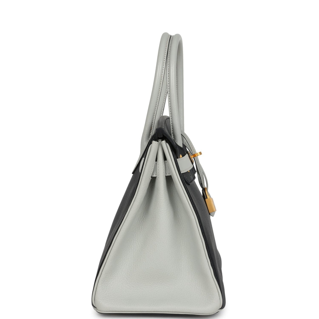 Pre-owned Hermes Special Order (HSS) Birkin 30 Black And Gris Perle Chevre Mysore Brushed Gold Hardware