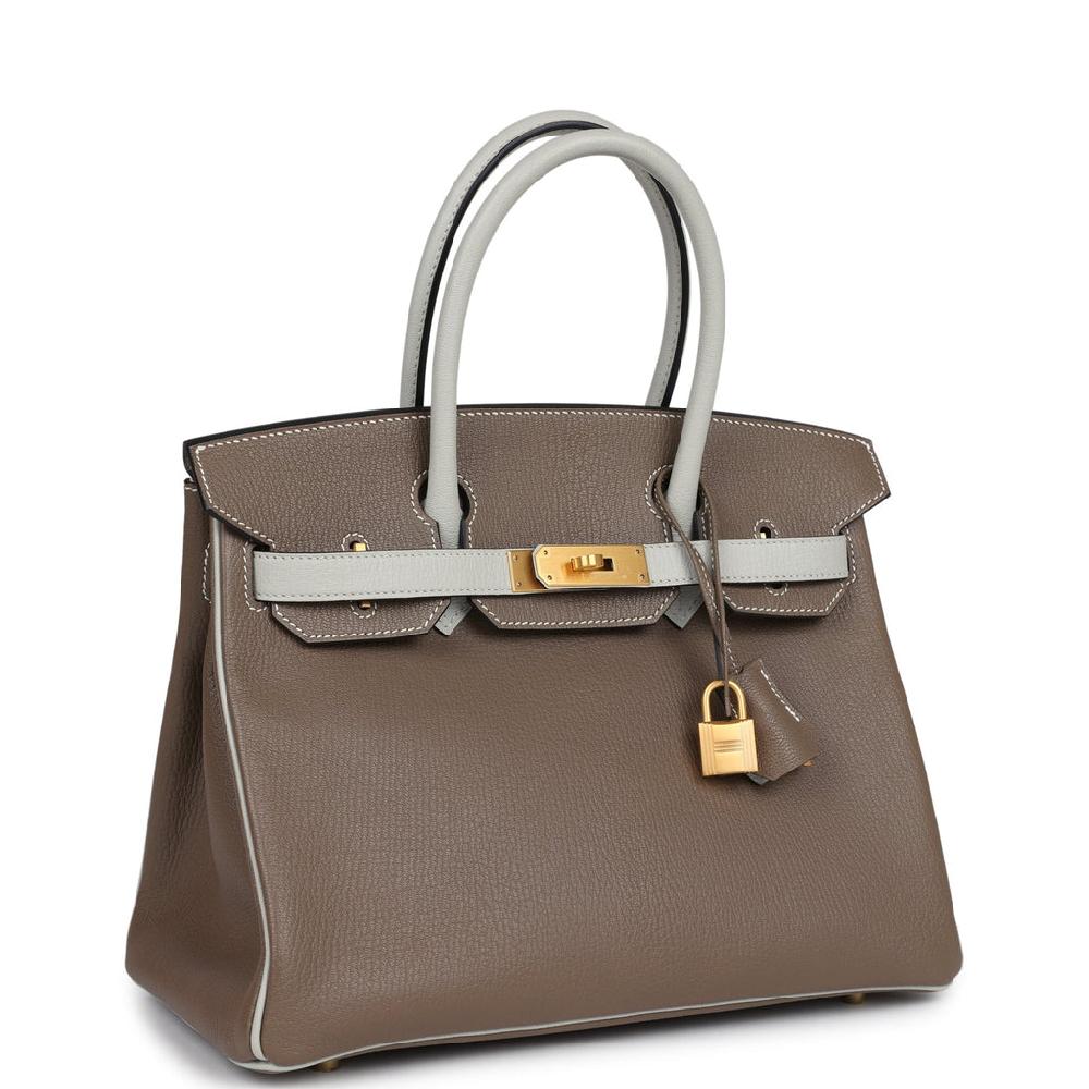 Pre-owned Hermes Special Order (HSS) Birkin 30 Etoupe And Gris Perle Chevre Brushed Gold Hardware