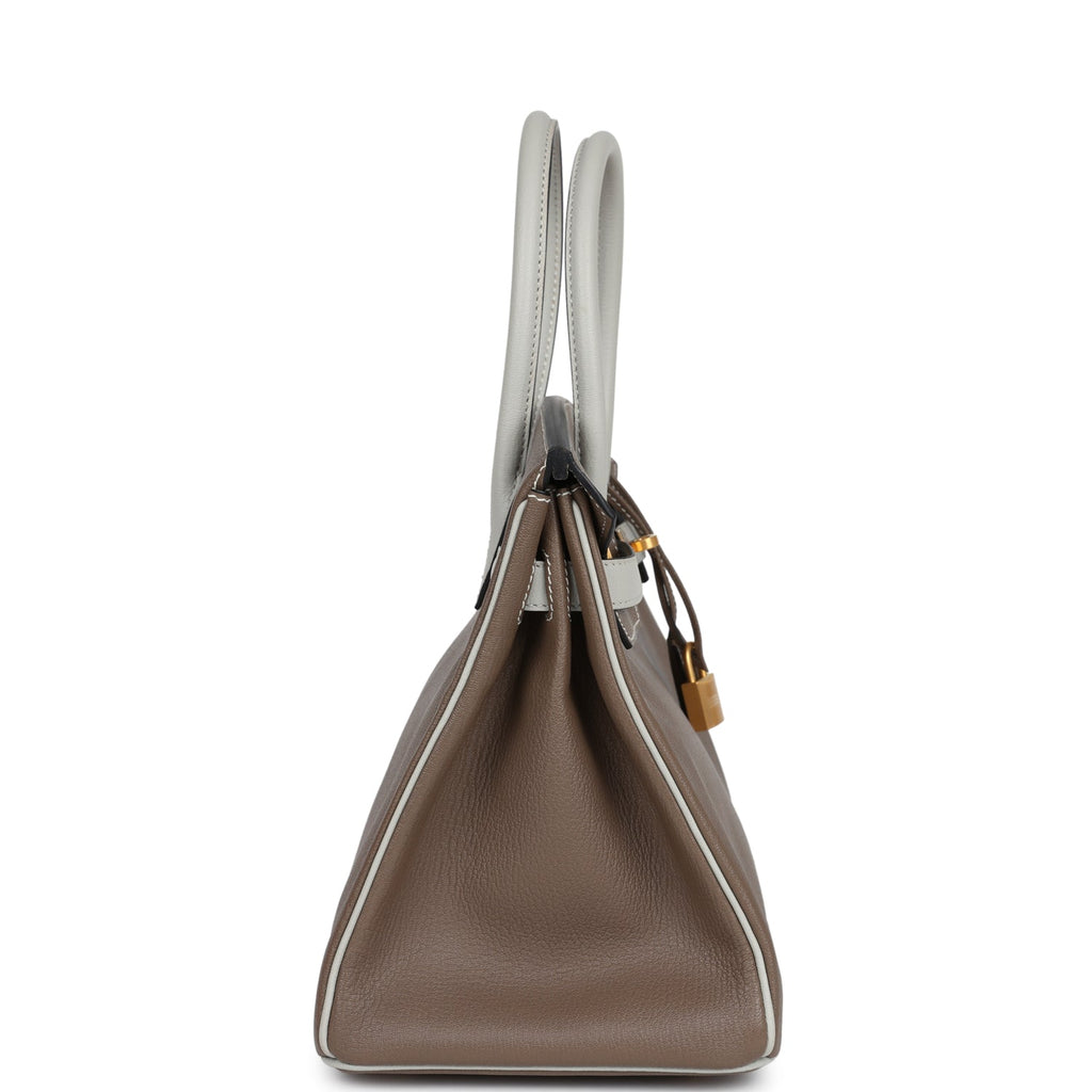 Pre-owned Hermes Special Order (HSS) Birkin 30 Etoupe And Gris Perle Chevre Brushed Gold Hardware