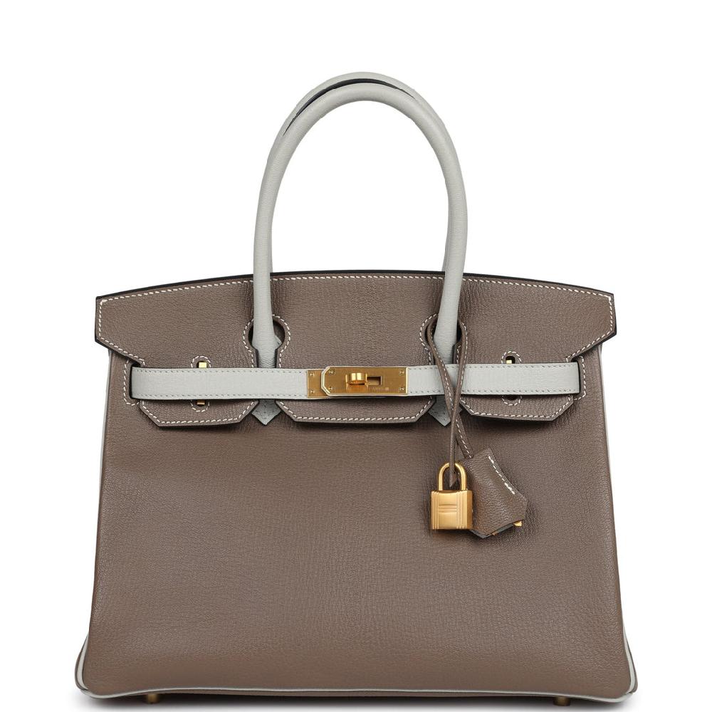 Pre-owned Hermes Special Order (HSS) Birkin 30 Etoupe and Gris Perle Chevre Brushed Gold Hardware