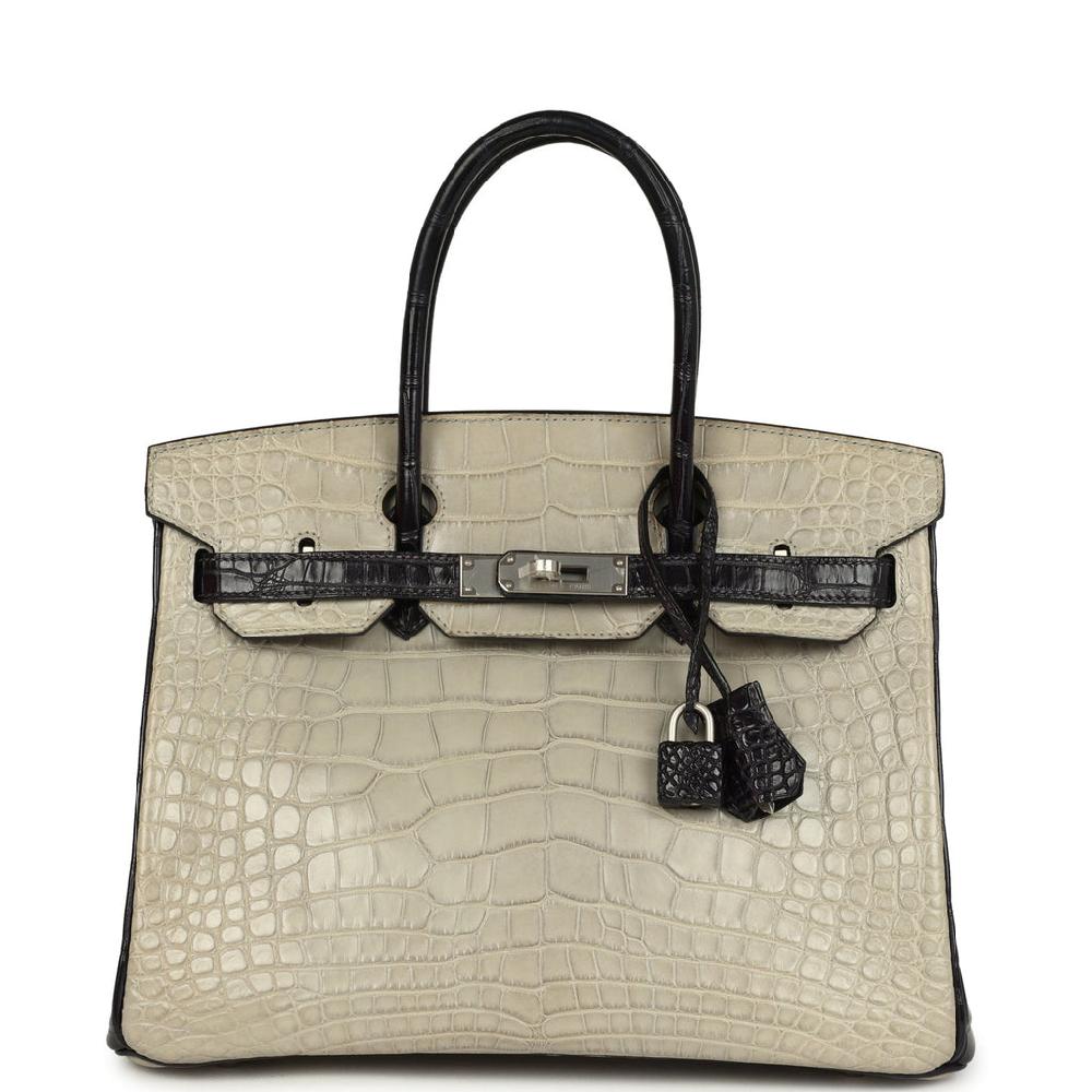 Pre-owned Hermes Special Order (HSS) Birkin 30 Gris Perle and Prunoir Matte Alligator Brushed Palladium Hardware
