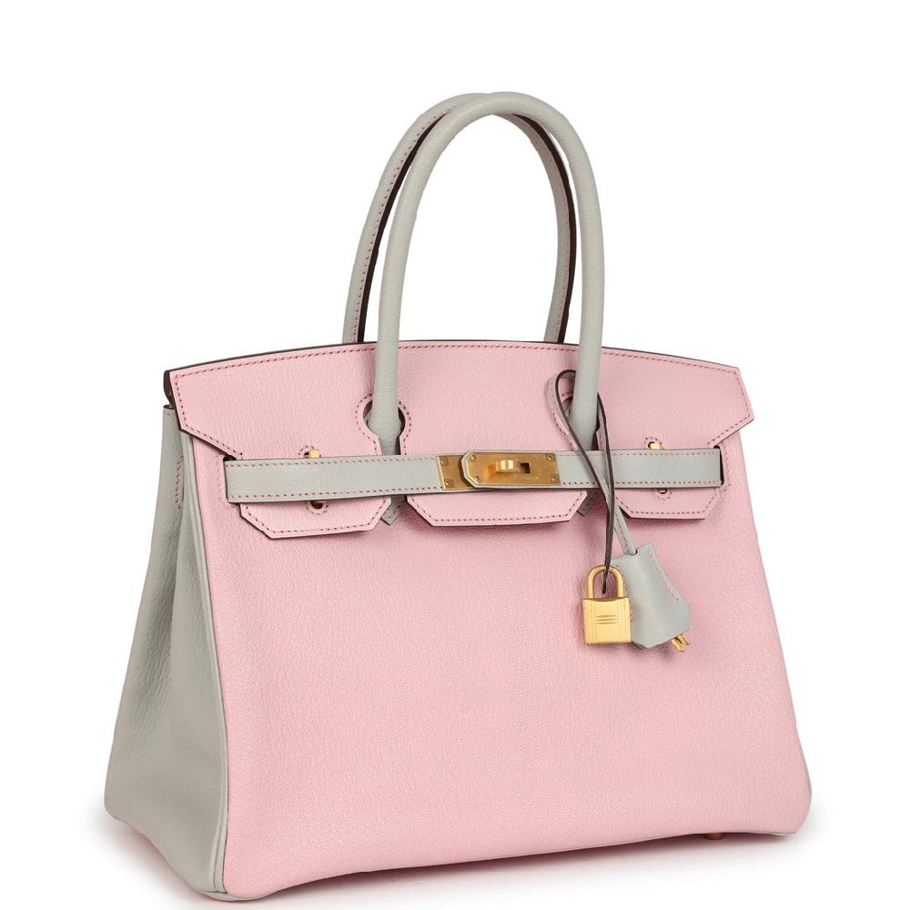 Pre-owned Hermes Special Order (HSS) Birkin 30 Rose Sakura And Gris Perle Chevre Brushed Gold Hardware
