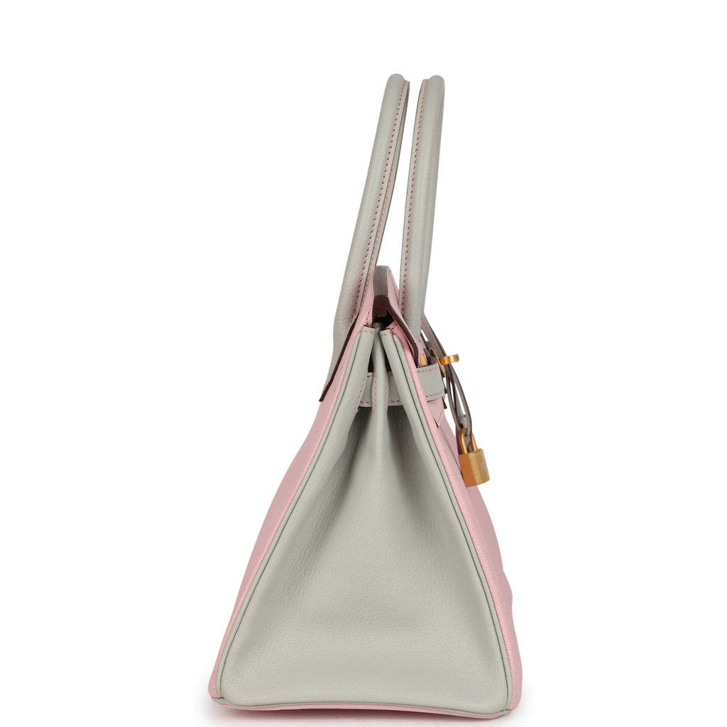 Pre-owned Hermes Special Order (HSS) Birkin 30 Rose Sakura And Gris Perle Chevre Brushed Gold Hardware