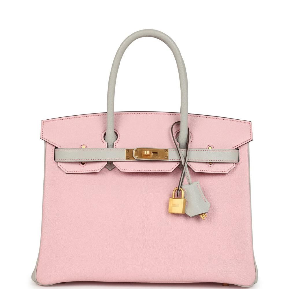 Pre-owned Hermes Special Order (HSS) Birkin 30 Rose Sakura and Gris Perle Chevre Brushed Gold Hardware