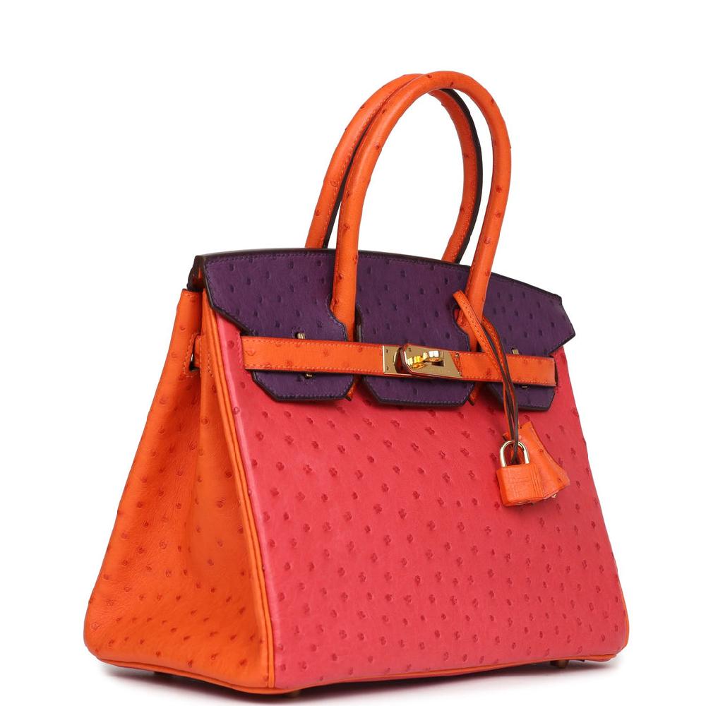 Pre-owned Hermes Special Order (HSS) Birkin 30 Tangerine Violet And Bougainvillea Ostrich Gold Hardware