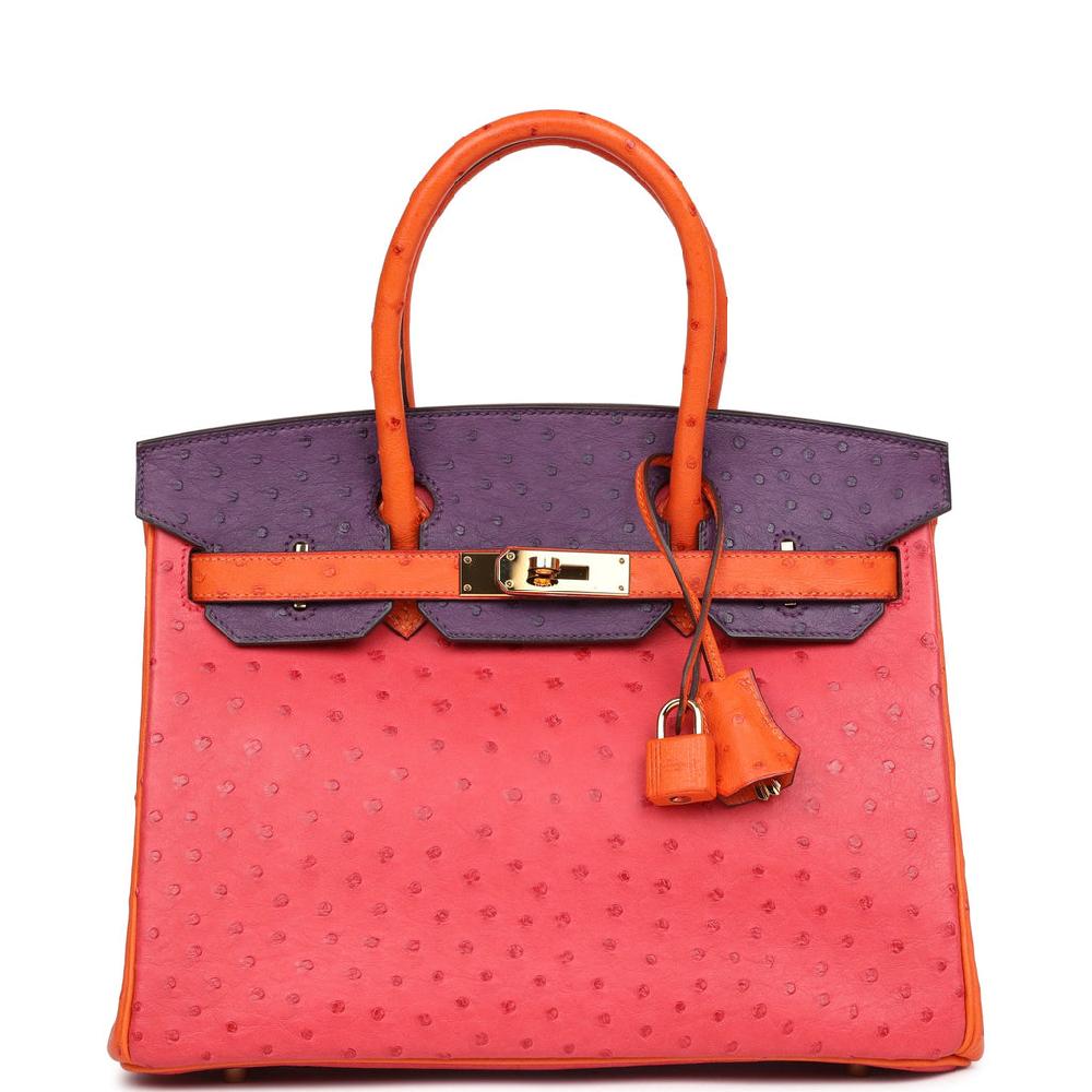 Pre-owned Hermes Special Order (HSS) Birkin 30 Tangerine Violet and Bougainvillea Ostrich Gold Hardware