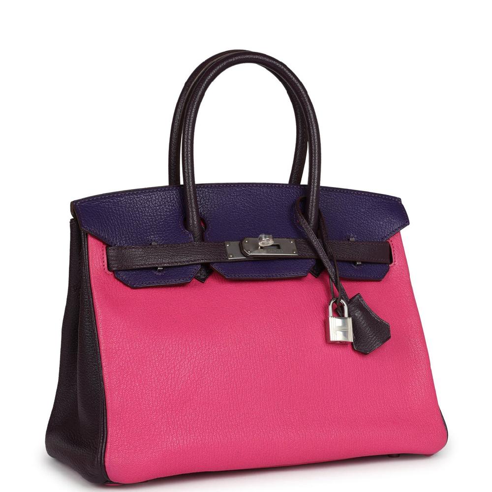 Pre-owned Hermes Special Order (HSS) Birkin 30 Tri-color Raisin Ultraviolet And Rose Shocking Chevre Palladium Hardware