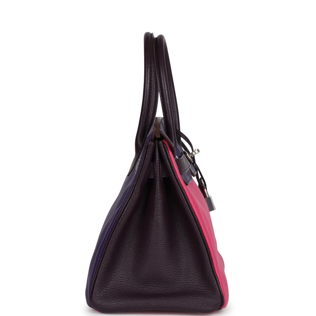Pre-owned Hermes Special Order (HSS) Birkin 30 Tri-color Raisin Ultraviolet And Rose Shocking Chevre Palladium Hardware