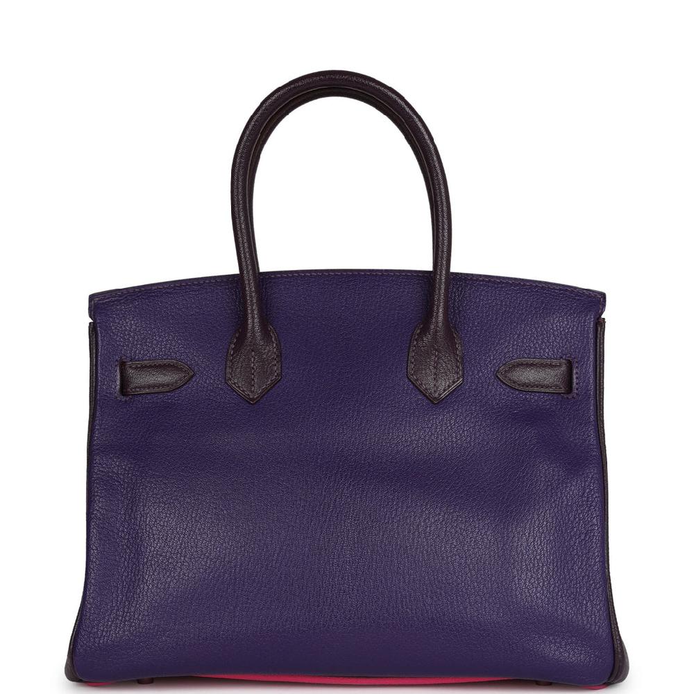 Pre-owned Hermes Special Order (HSS) Birkin 30 Tri-color Raisin Ultraviolet And Rose Shocking Chevre Palladium Hardware