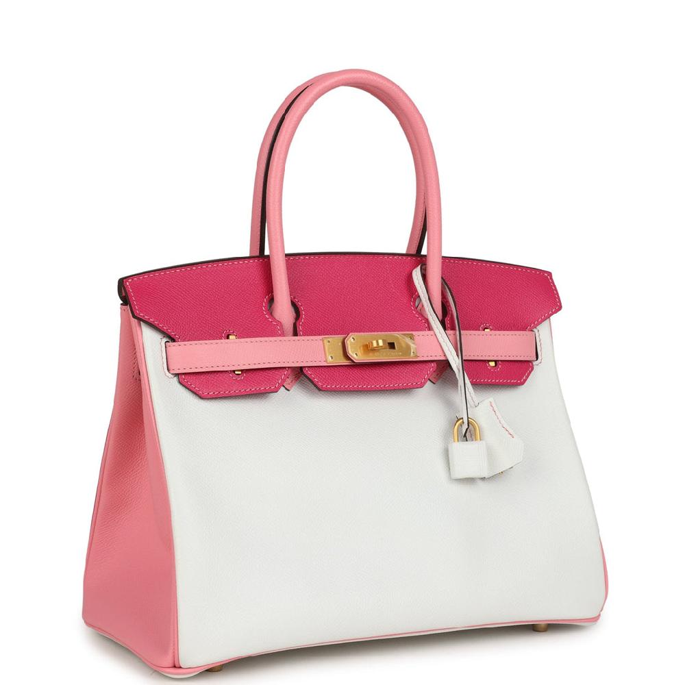 Pre-owned Hermes Special Order (HSS) Birkin 30 White Rose Confetti And Rose Tyrien Epsom Brushed Gold Hardware