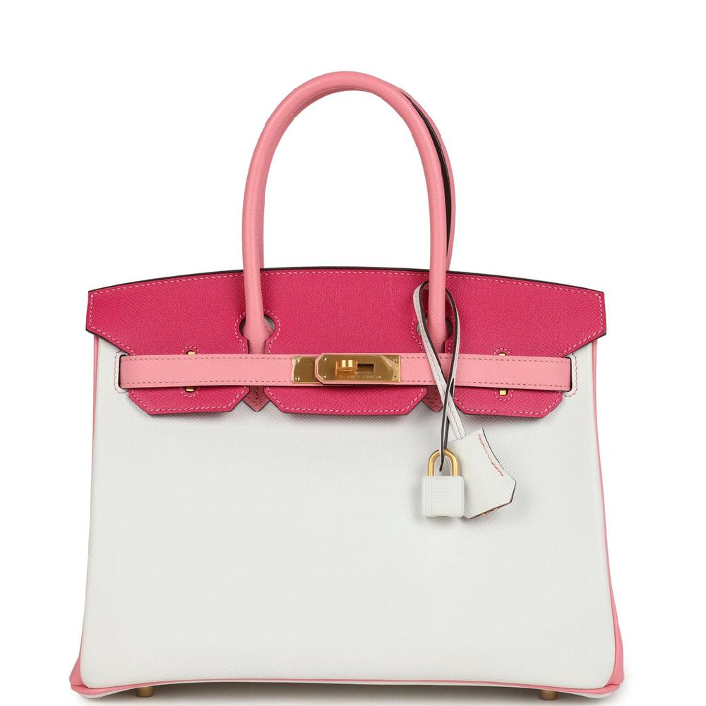 Pre-owned Hermes Special Order (HSS) Birkin 30 White Rose Confetti and Rose Tyrien Epsom Brushed Gold Hardware