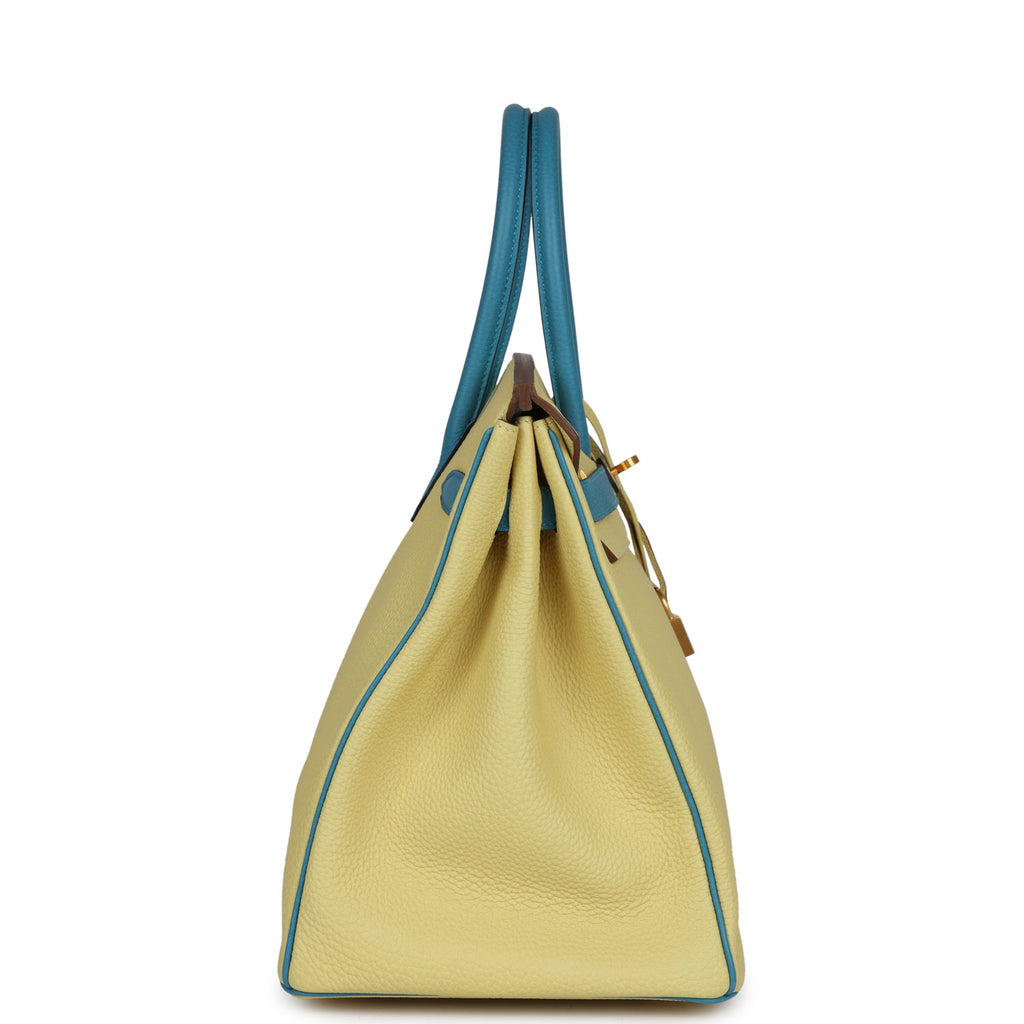 Pre-owned Hermes Special Order (HSS) Birkin 35 Jaune Poussin And Bleu Paradise Togo Brushed Gold Hardware