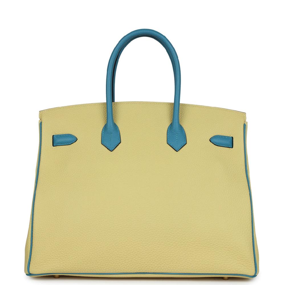 Pre-owned Hermes Special Order (HSS) Birkin 35 Jaune Poussin And Bleu Paradise Togo Brushed Gold Hardware