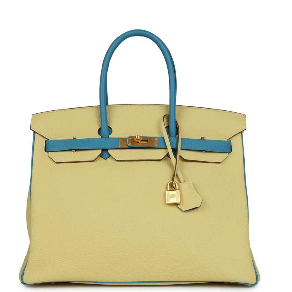 Pre-owned Hermes Special Order (HSS) Birkin 35 Jaune Poussin and Bleu Paradise Togo Brushed Gold Hardware Pre-owned Hermes Special Order (HSS) Birkin 35 Jaune Poussin and Bleu Paradise Togo Brushed Gold Hardware