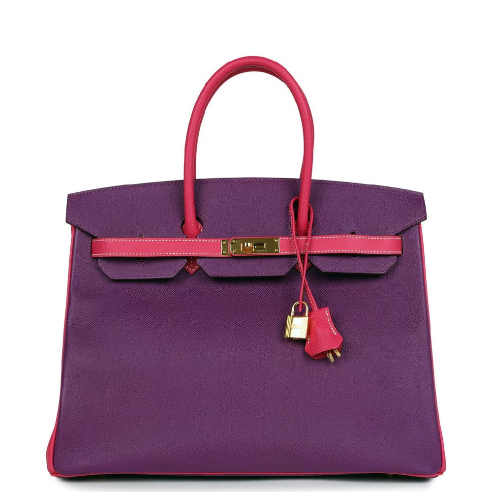 Pre-owned Hermes Special Order (HSS) Birkin 35 Rose Tyrien and Violet Epsom Gold Hardware