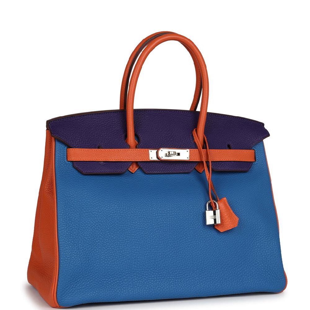 Pre-owned Hermes Special Order (HSS) Birkin 35 Tricolor Bleu Hydra Ultraviolet And Orange Togo Palladium Hardware
