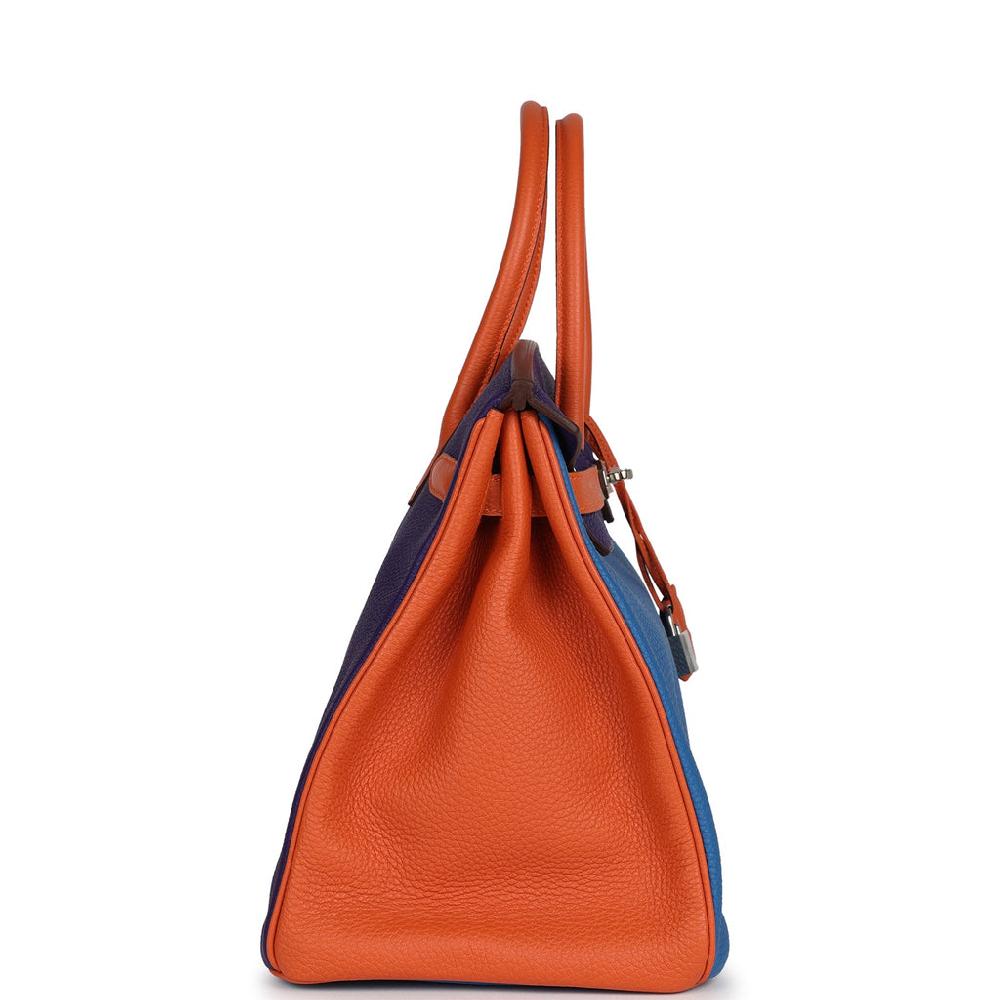 Pre-owned Hermes Special Order (HSS) Birkin 35 Tricolor Bleu Hydra Ultraviolet And Orange Togo Palladium Hardware