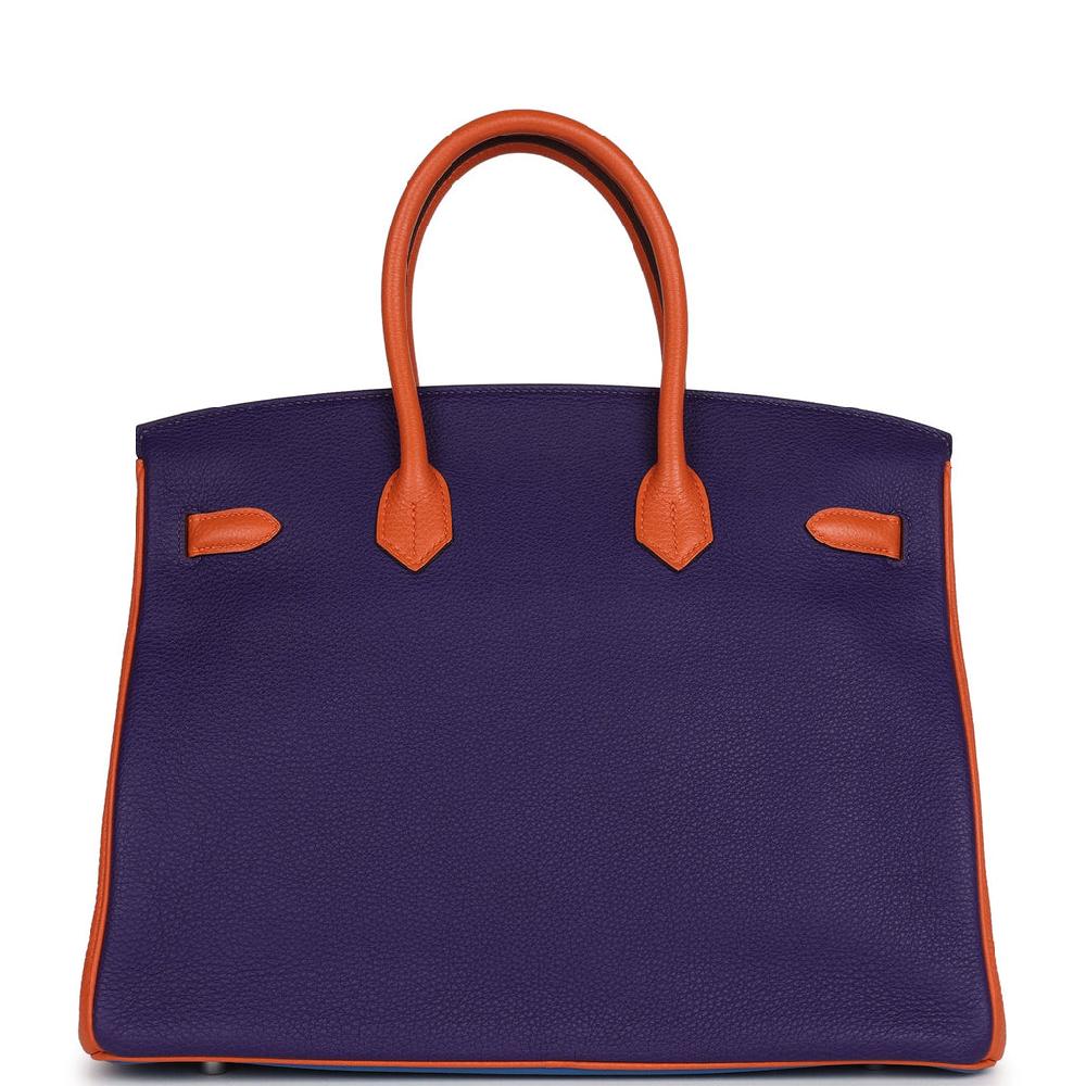 Pre-owned Hermes Special Order (HSS) Birkin 35 Tricolor Bleu Hydra Ultraviolet And Orange Togo Palladium Hardware