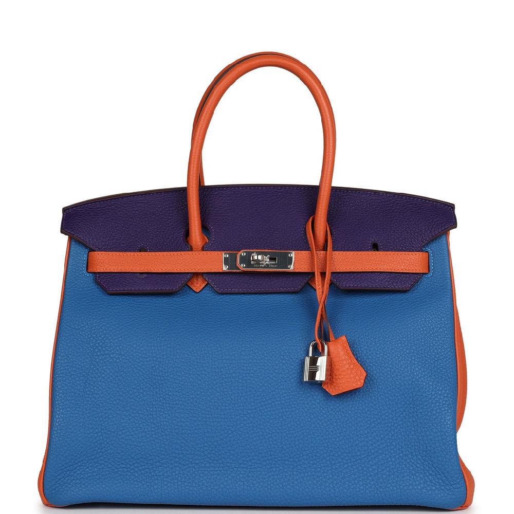 Pre-owned Hermes Special Order (HSS) Birkin 35 Tricolor Bleu Hydra Ultraviolet and Orange Togo Palladium Hardware
