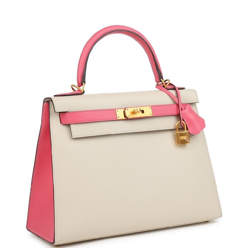 Pre-owned Hermes Special Order (HSS) Kelly Sellier 28 Craie And Rose Azalee Epsom Brushed Gold Hardware