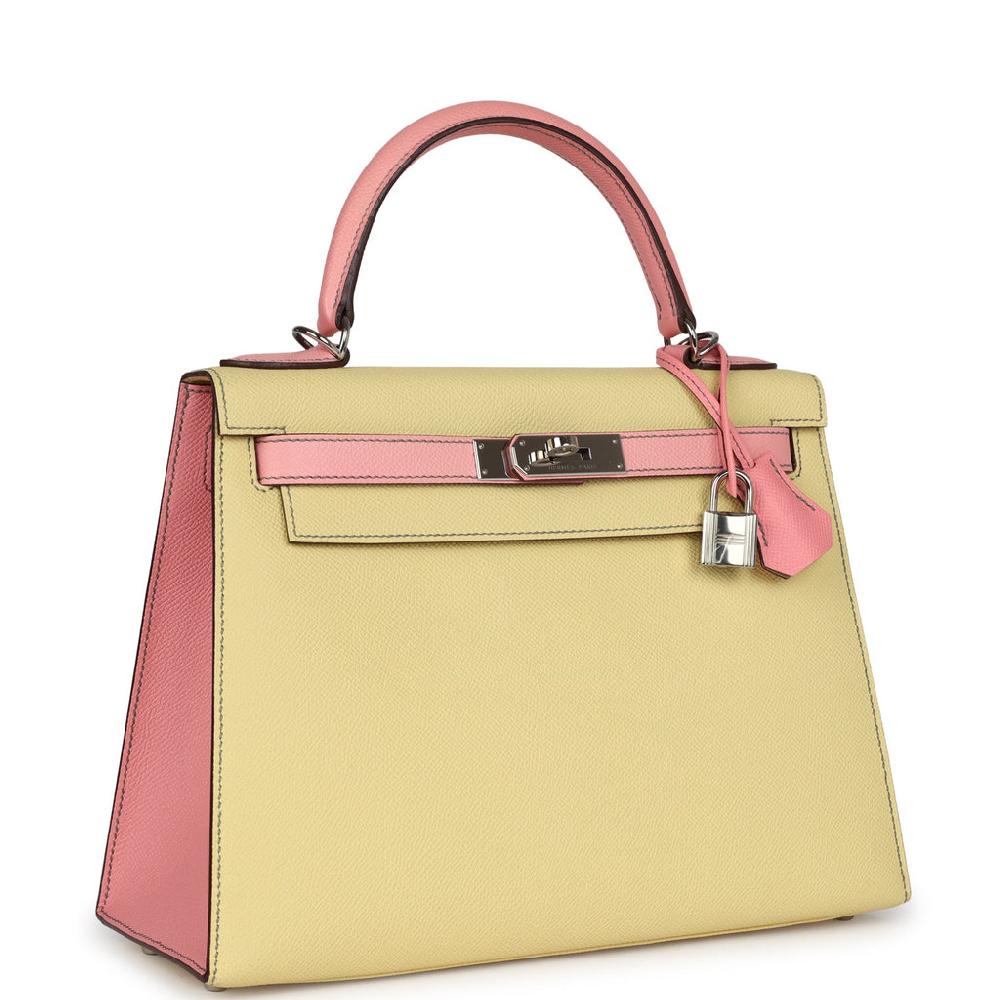 Pre-owned Hermes Special Order (HSS) Kelly Sellier 28 Rose Confetti And Jaune Poussin Epsom Palladium Hardware