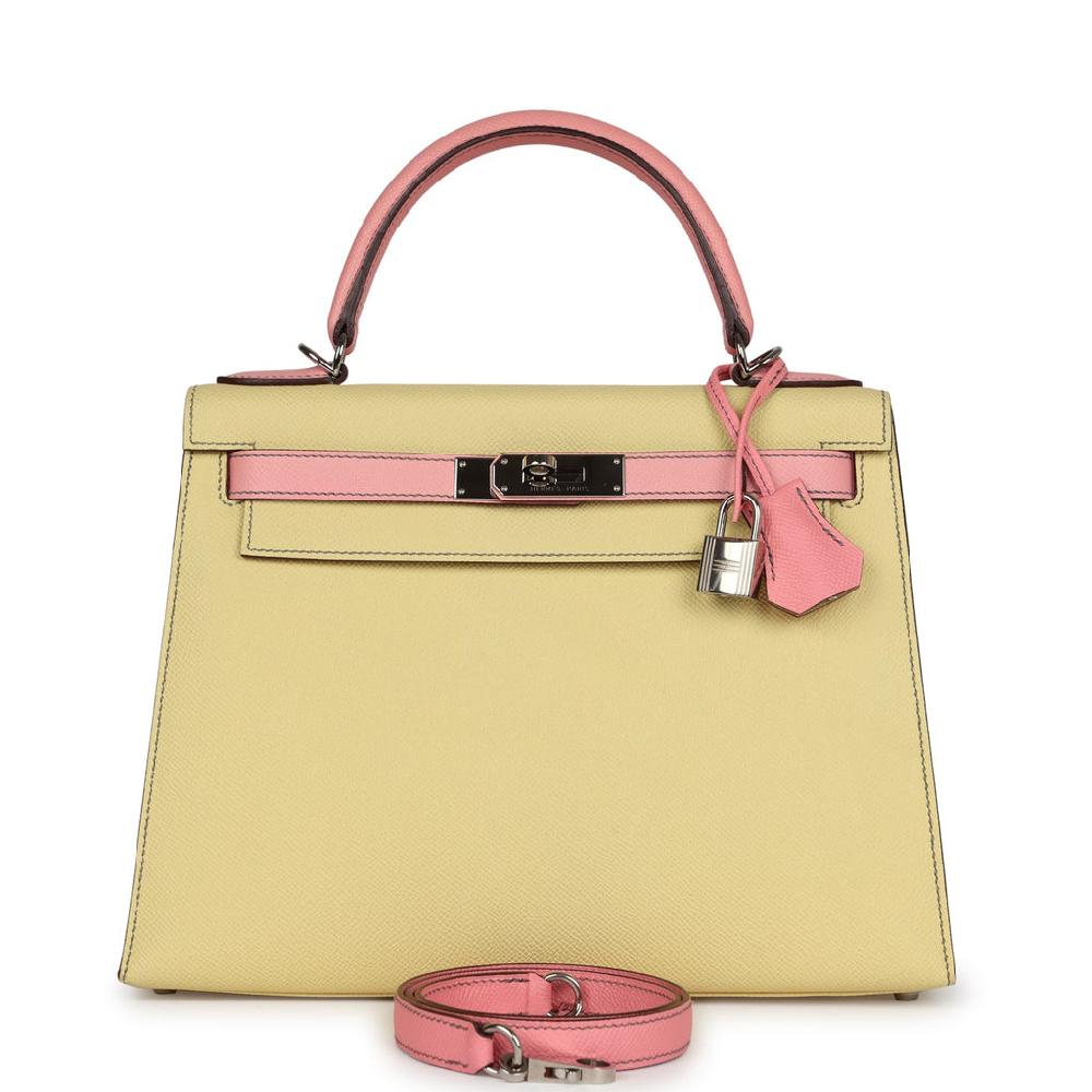 Pre-owned Hermes Special Order (HSS) Kelly Sellier 28 Rose Confetti and Jaune Poussin Epsom Palladium Hardware