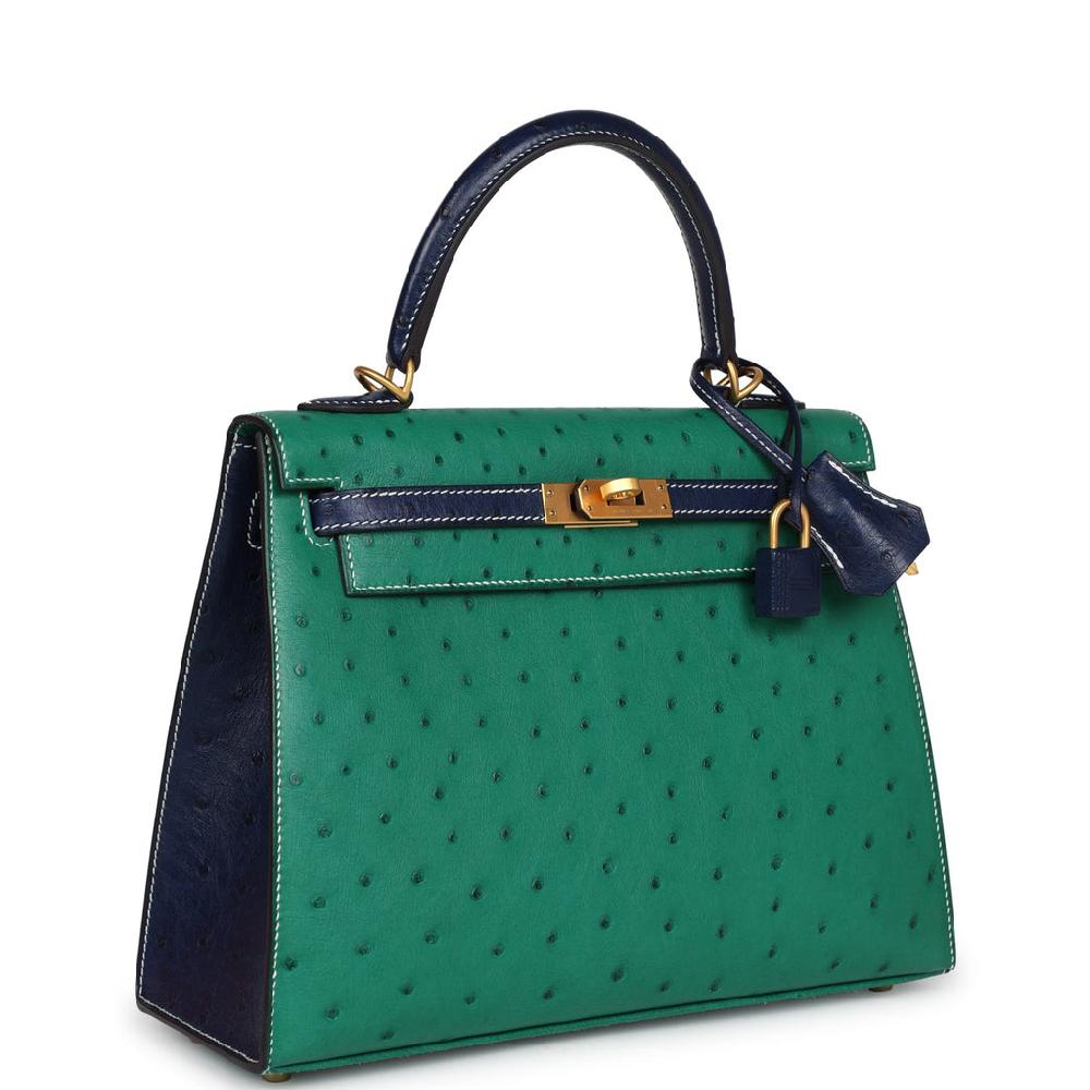 Pre-owned Hermes Special Order (HSS) Kelly Sellier 25 Vert Vertigo And Bleu Iris Ostrich Brushed Gold Hardware
