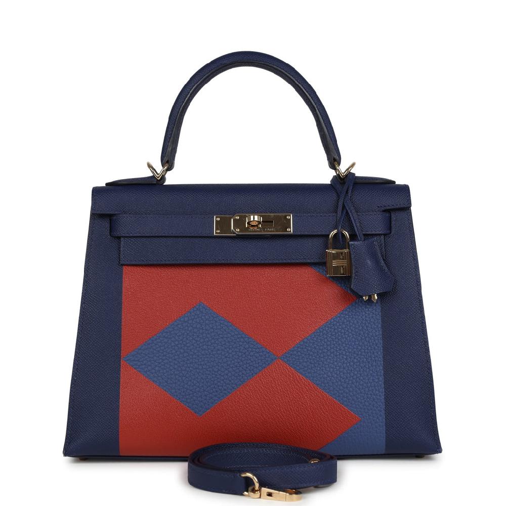 Pre-owned Hermes Special Order (HSS) Kellygraphie Kelly Sellier 28 "Lettre B" Bleu Nuit Epsom Permabrass Hardware