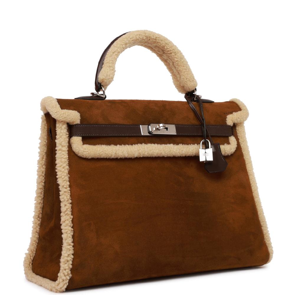 Pre-owned Hermes Teddy Kelly 35 Shearling And Ebene Barenia Palladium Hardware