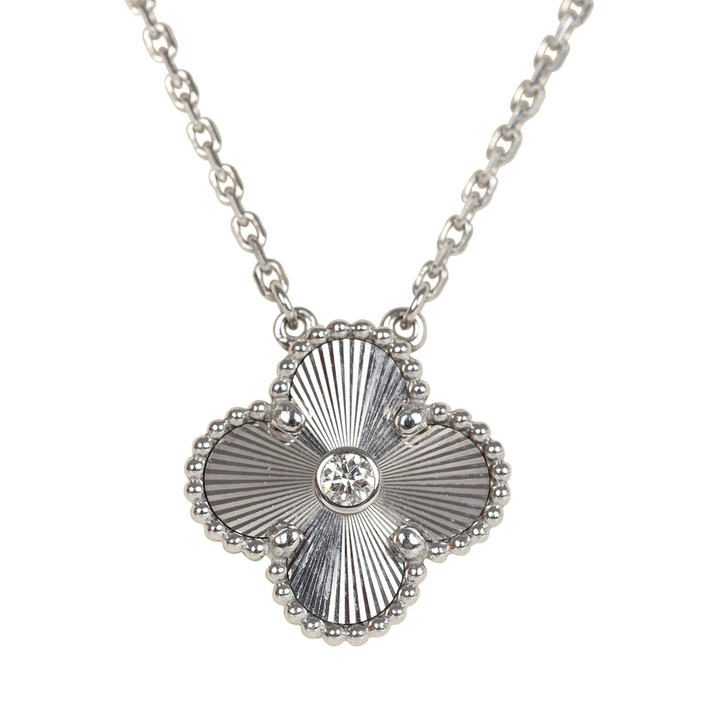 Pre-owned Van Cleef & Arpels 2020 Holiday Vintage Alhambra Pendant Necklace 18K White Gold Guilloche & Diamonds