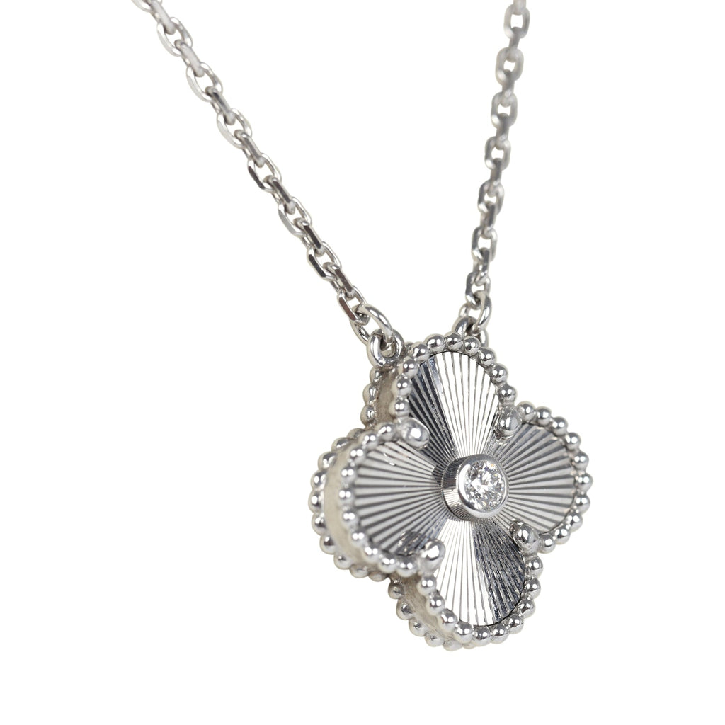 Pre-owned Van Cleef & Arpels 2020 Holiday Vintage Alhambra Pendant Necklace 18K White Gold Guilloche & Diamonds
