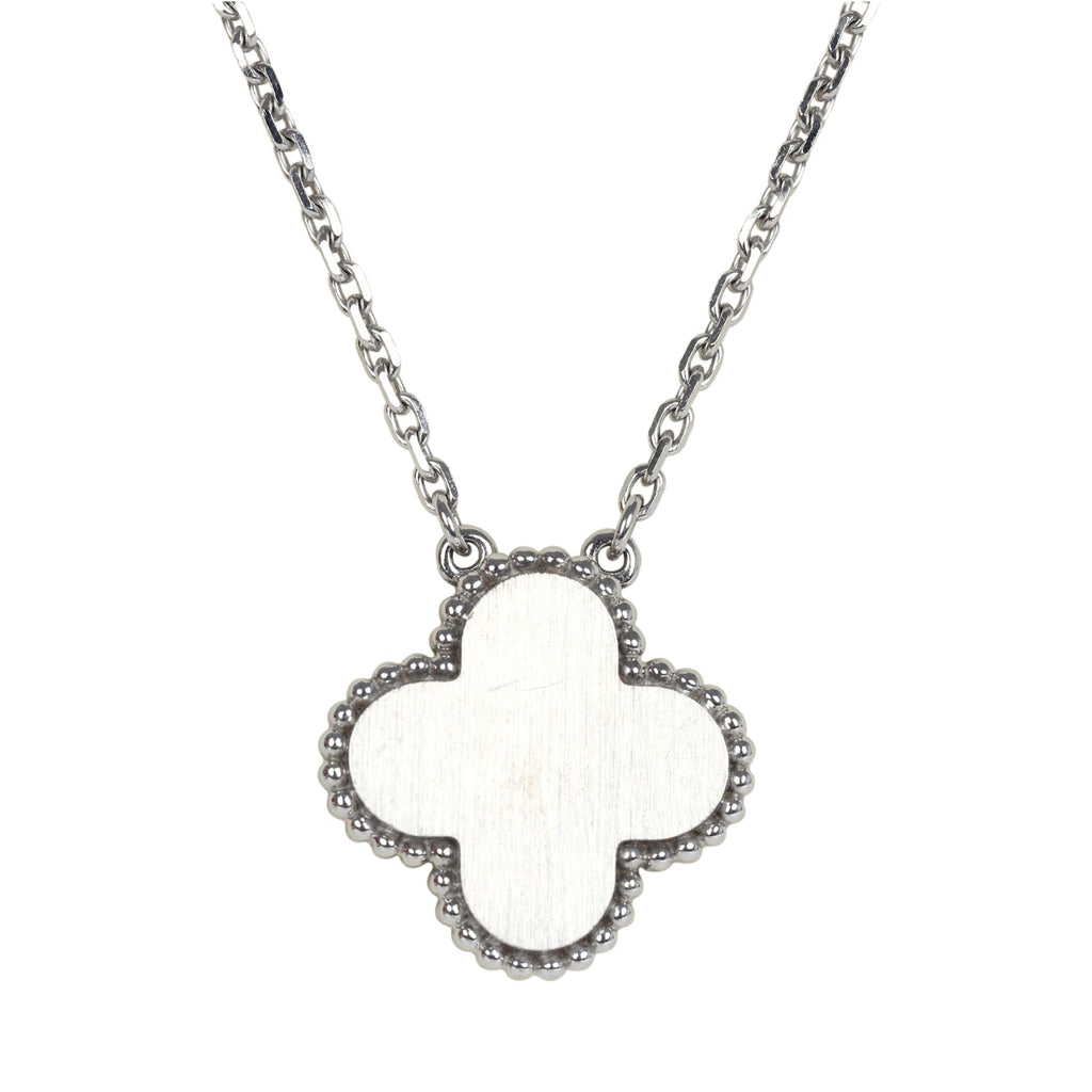 Pre-owned Van Cleef & Arpels 2020 Holiday Vintage Alhambra Pendant Necklace 18K White Gold Guilloche & Diamonds