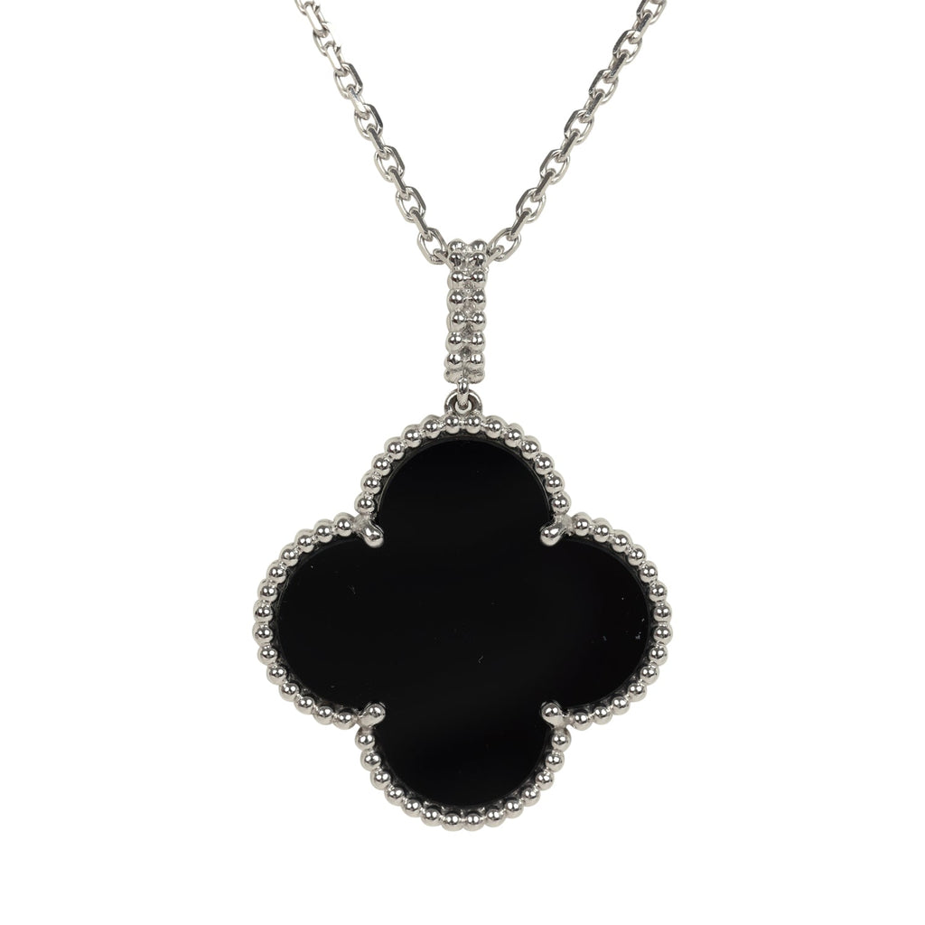 Pre-owned Van Cleef & Arpels Magic Alhambra Long Necklace 1 Motif Onyx 18K White Gold Hardware