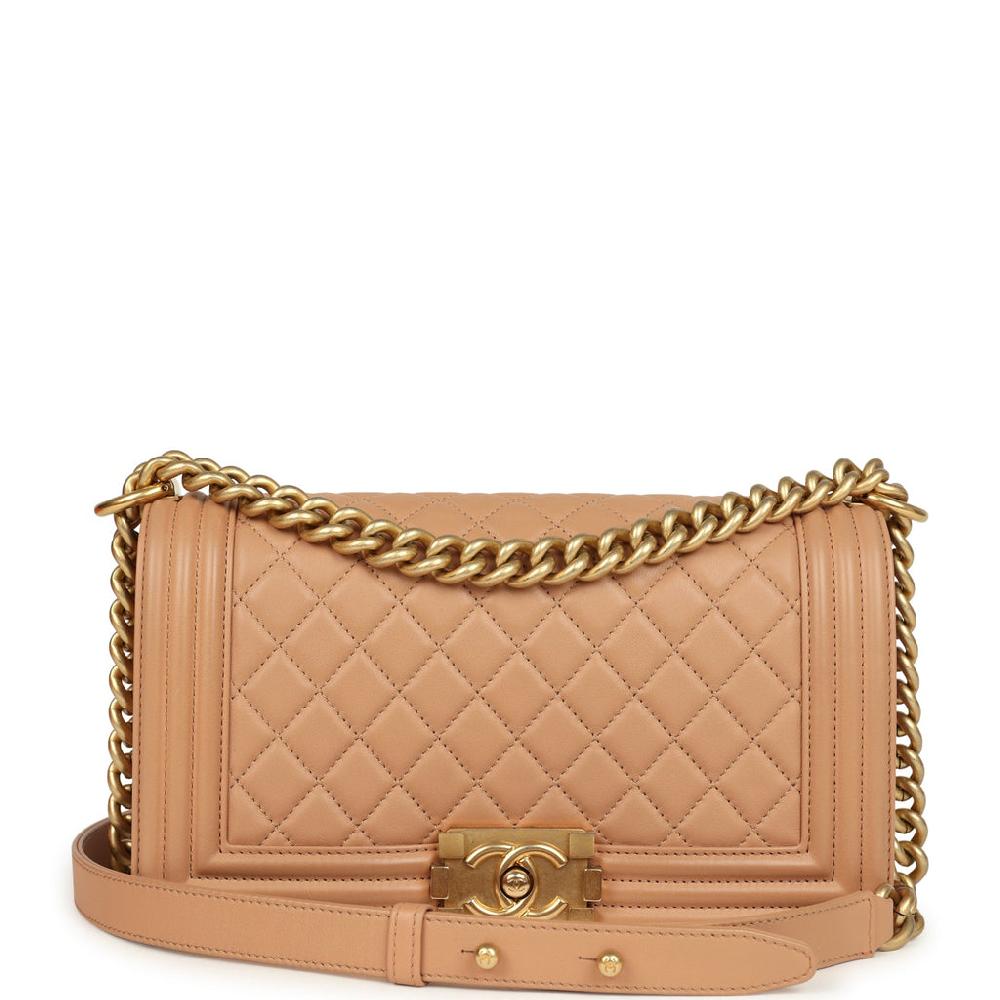 Preowned Chanel Medium Boy Bag Dark Beige Lambskin Antique Gold Hardware