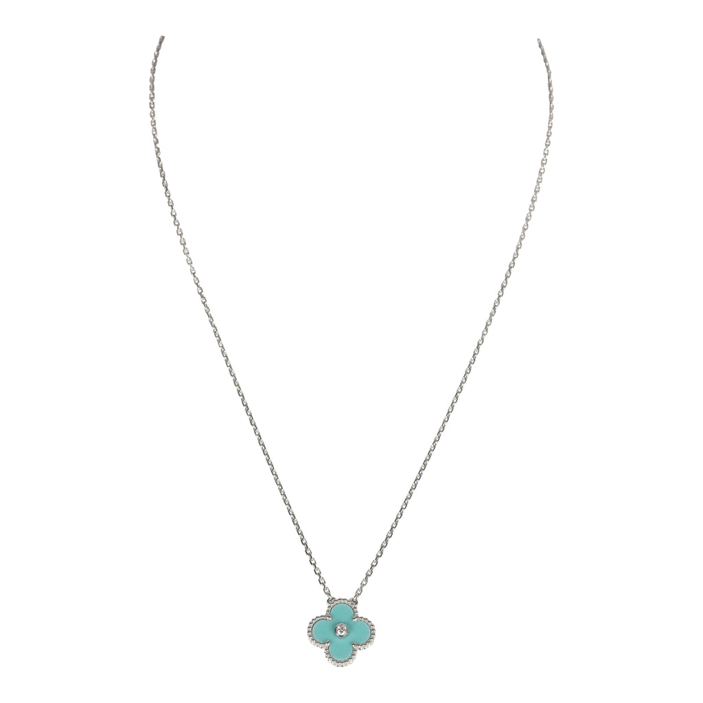 Van Cleef & Arpels 2022 Holiday Vintage Alhambra Pendant Necklace Light Green Celadon Sevres Porcelain Diamonds White Gold Hardware
